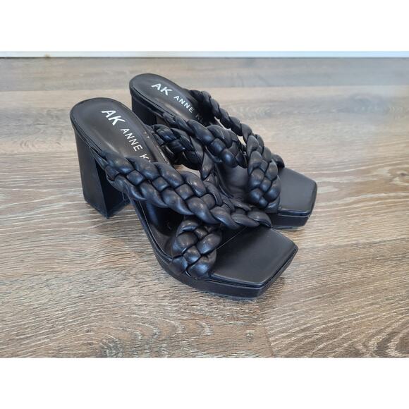 AK Anne‎ Klein Aiden Chunky Platform Braided Black Wedge Sandal 6 Square Toe #7 - Picture 1 of 6